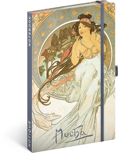 NOTIQUE Notizbuch Liniert mit Gummiband 13x21cm ca. A5, Designer Hardcover Notebook, Notizblock, Notizheft, Journal, Tagebuch für Erwachsene, Damen (Alphonse Mucha Musik) von NOTIQUE