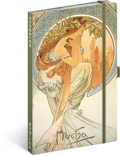 NOTIQUE Notizbuch Liniert mit Gummiband 13x21cm ca. A5, Designer Hardcover Notebook, Notizblock, Notizheft, Journal, Tagebuch für Erwachsene, Damen (Alphonse Mucha Poesie) von NOTIQUE