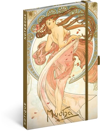 NOTIQUE Notizbuch Liniert mit Gummiband 13x21cm ca. A5, Designer Hardcover Notebook, Notizblock, Notizheft, Journal, Tagebuch für Erwachsene, Damen (Alphonse Mucha Tanz) von NOTIQUE