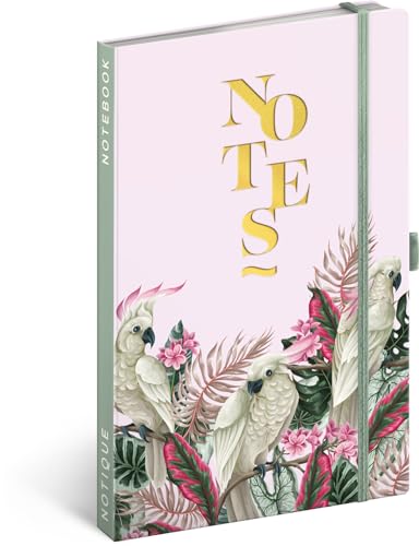 NOTIQUE Notizbuch Liniert mit Gummiband 13x21cm ca. A5, Designer Hardcover Notebook, Notizblock, Notizheft, Journal, Tagebuch für Erwachsene, Damen (Kakadu) von NOTIQUE