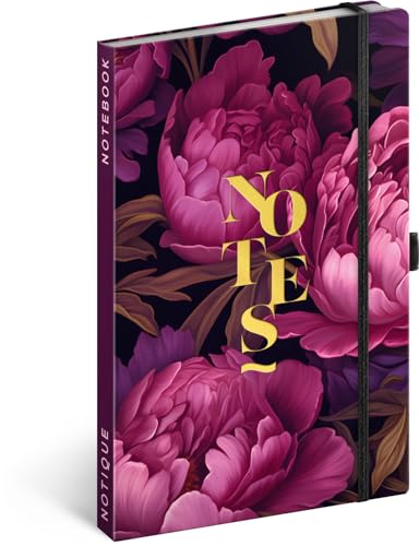 NOTIQUE Notizbuch Liniert mit Gummiband 13x21cm ca. A5, Designer Hardcover Notebook, Notizblock, Notizheft, Journal, Tagebuch für Erwachsene, Damen (Lila Blumen) von NOTIQUE
