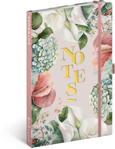 NOTIQUE Notizbuch Liniert mit Gummiband 13x21cm ca. A5, Designer Hardcover Notebook, Notizblock, Notizheft, Journal, Tagebuch für Erwachsene, Damen (Lilien) von NOTIQUE