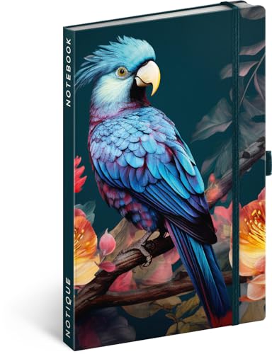NOTIQUE Notizbuch Liniert mit Gummiband 13x21cm ca. A5, Designer Hardcover Notebook, Notizblock, Notizheft, Journal, Tagebuch für Erwachsene, Damen (Papagei) von NOTIQUE