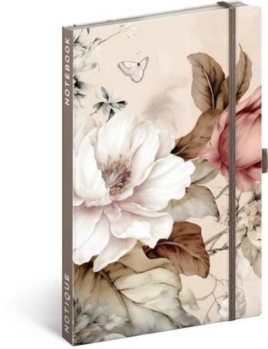 NOTIQUE Notizbuch Liniert mit Gummiband 13x21cm ca. A5, Designer Hardcover Notebook, Notizblock, Notizheft, Journal, Tagebuch für Erwachsene, Damen (Puderblumen) von NOTIQUE