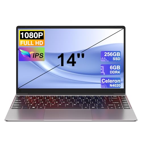 Laptop 14 Zoll Notebook Win 10 Laptop 6 GB RAM 128 GB SSD Erweiterungen 1 TB, Notebook Celeron N4020 (bis zu 2,8 GHz) 2.4/5G WiFi 1080FHD BT 4.2 USB 3.0 Mini HDMl Tastatur Membran-Grau von NOTODD