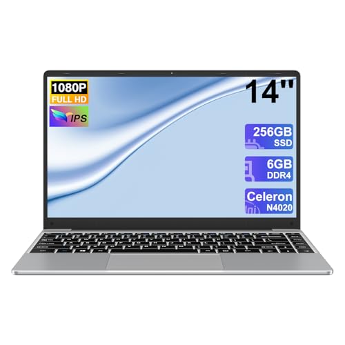 Laptop 14 Zoll Notebook Win 11 Laptop 6GB RAM 256GB SSD Erweiterungen 1TB, Notebook Celeron N4020 (bis zu 2.8GHz) 2.4/5G WiFi 1080FHD BT 4.2 USB 3.0 Mini HDML Tastatur Membran-Silver von NOTODD