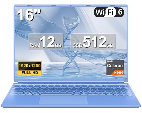 NOTODD Laptop Win 11 Laptop 12 GB 512 GB 1 TB SSD Erweiterung, 16 Zoll Notebook Celeron N5095 (bis zu 2,9 GHz) / Kühllüfter / Unterstützung 5G WiFi / 1920 x 1200 2 K Doppelbildschirm - Blau von NOTODD