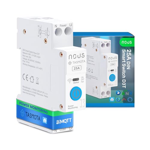 Nous Intelligenter DIN-Schalter 25A mit Tasmota (ESP32), Energieüberwachung, kompatibel mit MQTT, Home Assistant, Matter, Sprachsteuerung mit Alexa, Google Assistant von NOUS