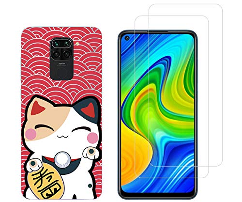 NOVAGO Hülle kompatibel mit Xiaomi Redmi Note 9 - Hülle klar Weich TPU Stoßstange Geprägtes das Muster Stoßdämpfung + 2 Displayschutzfolien aus gehärtetem Glas(Katze) von NOVAGO