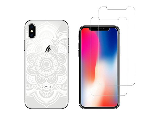 NOVAGO Kompatibel Apple iPhone XS, iPhone X, iPhone 10 - Gel-Schutzhülle mit Druckqualität + 2 Hartglas Schutzfolie (Weiße Rosette) von NOVAGO