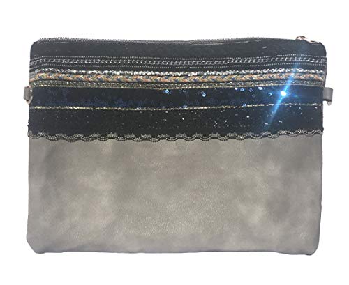 NOVAGO Makeup Pouch, Mehrzweckbeutel, Handtasche, IPad Tablet Tasche mit Schultergurt und handgemachter Dekoration (Grau) von NOVAGO