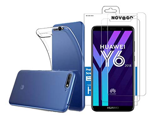 NOVAGO [Pack] kompatibel mit Huawei Y6 2018 hülle Case Silikon + 2 Panzerglas Schutzfolie (Transparent) von NOVAGO