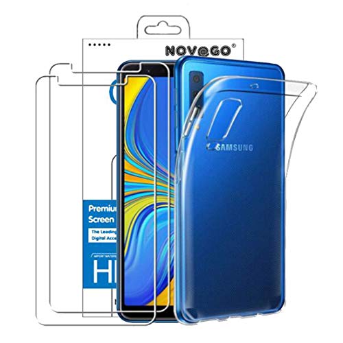 NOVAGO [Pack] kompatibel mit Samsung A7 2018 hülle Case Silikon + 2 Panzerglas Schutzfolie von NOVAGO