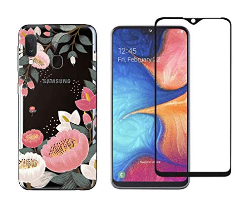 Novago kompatibel mit Samsung Galaxy A20E A202 – Schutzhülle weich und robust + 1 Displayschutzfolie aus Hartglas, bruchfest (1 Schutzhülle + 1 Displayschutzfolie, große Blume) von NOVAGO