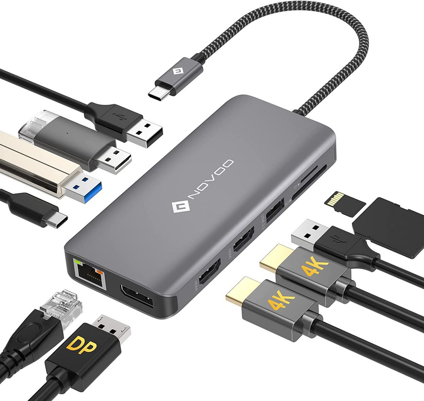 NOVOO 11 in 1 Adapter für technische Geräte, Anschlusserweiterung für den PC USB-Adapter USB-C zu USB 3.0 Typ A, SD & TF Kartenleser, HDMI für 4K, LAN, USB-C PD, Kompatibel mit Windows Laptop, Tablet, MacBook & Ipad von NOVOO