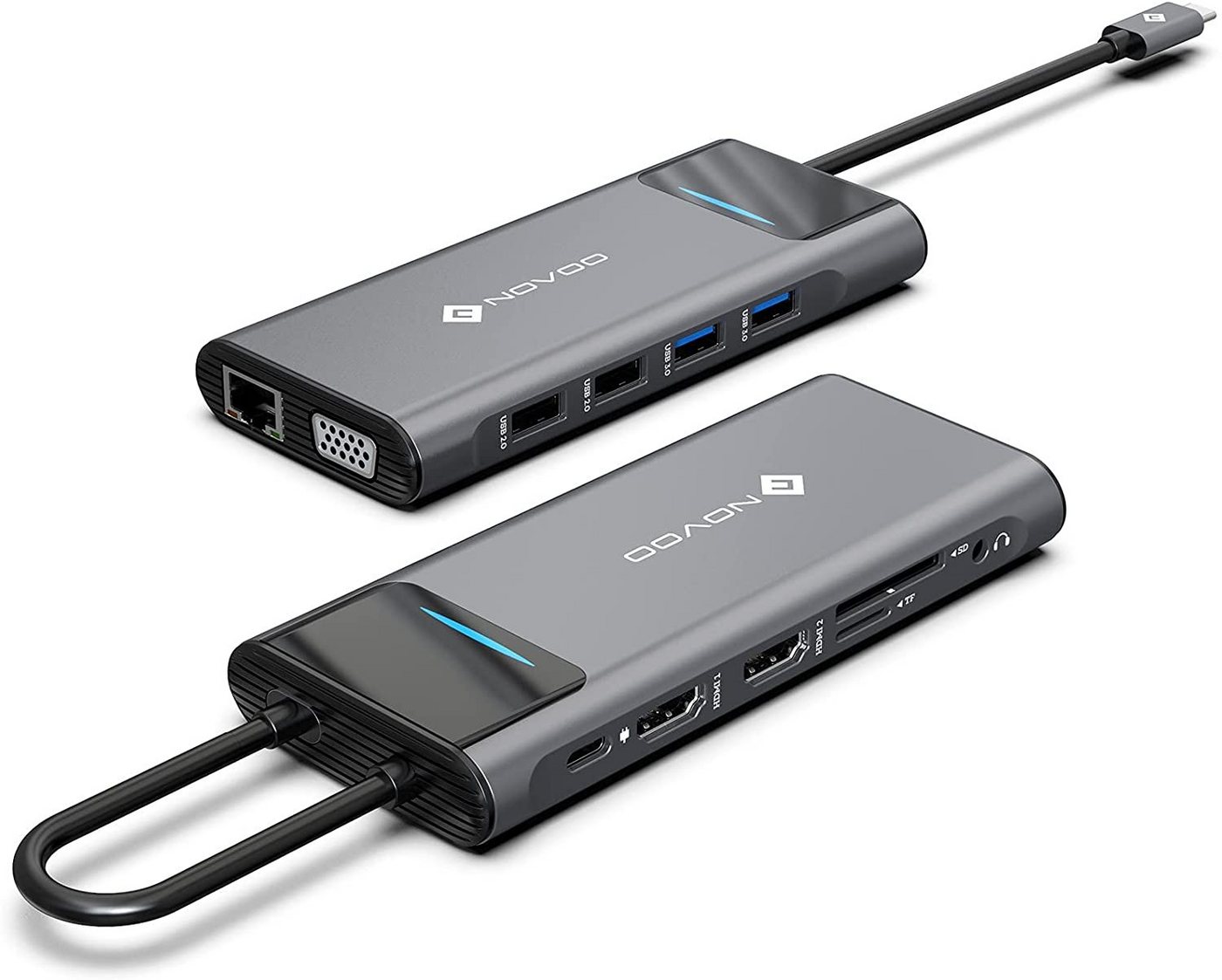 NOVOO 12 in 1 Adapter für technische Geräte, Anschlusserweiterung für den PC USB-Adapter USB-C zu 100W PD, HDMI*2, VGA, LAN, SD/TF, USB3.0*2, USB2.0*2, 3.5mm, Kompatibel mit Windows Laptop, Tablet, MacBook & Ipad von NOVOO