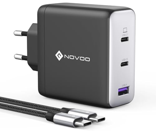 NOVOO 120W USB C Ladegerät GaN Ⅲ 3-Port USB C Netzteil Schnellladegerät mit 2 PD 100W Typ-C-Kabeln Wandladegerät für MacBook Pro 14'',Dell XPS 13,iPad Pro,iPhone 15,Galaxy S23,Note20,Apple Watch von NOVOO