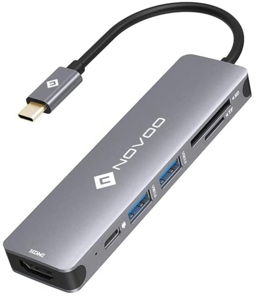 NOVOO 6 in 1 Adapter für technische Geräte, Anschlusserweiterung für den PC USB-Adapter USB-C zu HDMI, USB 3.0 Typ A, USB-C PD, SD Kartenleser, TF Kartenleser, Kompatibel mit Windows Laptop, Tablet, MacBook & Ipad von NOVOO