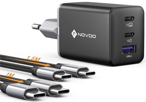 NOVOO 67W USB C Ladegerät 3-Port GaN Ⅲ USB C Netzteil Schnellladegerät mit 2 PD 100W Typ-C-Kabeln Wandladegerät für MacBook Pro 14'',Dell XPS 13,iPad Pro,iPhone 15,Galaxy S24/S23,Note20,Apple Watch von NOVOO