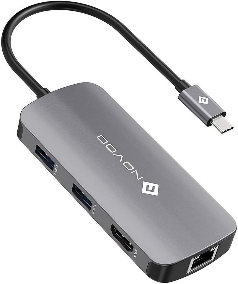 NOVOO 7 in 1 Adapter für technische Geräte, Anschlusserweiterung für den PC USB-Adapter USB-C zu HDMI, USB-C Power Delivery, 3xUSB 3.0, USB 2.0 Mini-B, RJ45, Kompatibel mit Windows Laptop, Tablet, MacBook & Ipad von NOVOO