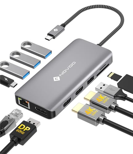 NOVOO Docking Station 4K@60Hz Triple Display USB C Hub Dual HDMI mit 4K@60Hz DisplayPort Multiport USB C Adapter, 2 HDMI 4K@60Hz,Gigabit Ethernet,100WPD,SD/TF,4xUSB für MacBook, andere USB C Laptops von NOVOO