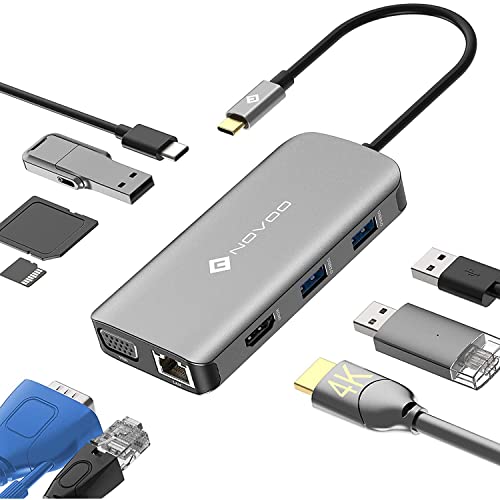 NOVOO Docking Station Dual Display USB C Hub (4K HDMI& VGA) USB C Adapter Multiport USB C Docking Station mit HDMI 4K, VGA,Gigabit Ethernet, 100WPD,3X USB 3.0, SD/TF für MacBook, andere USB C Laptops von NOVOO