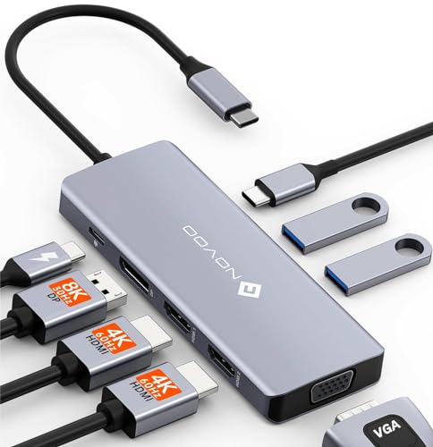 NOVOO Docking Station USB C Dual HDMI 8 in 1 USB C Hub mit 4K@120Hz DisplayPort,2HDMI 4K@60Hz,VGA,2USB-A+1USB-C Datenports,PD 100W Laptop Adapter 4 Monitore für iPhone 15/MacBook/Dell/Lenovo/Surface von NOVOO