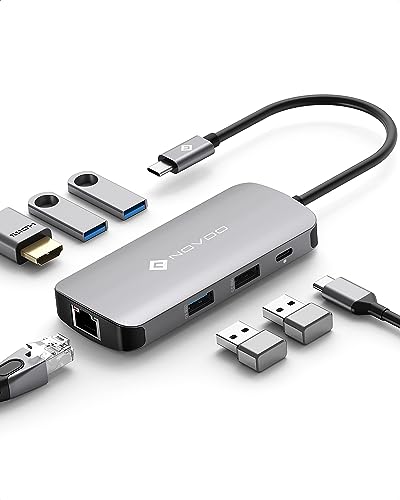 NOVOO Mulitport USB C Hub Adapter USB C auf USB x 4, 100 W PD Ladeanschluss, 4 K HDMI, RJ45 Ethernet, 7 in 1 USB C Adapter kompatibel mit MacBook Pro MacBook Air NVHUB1R7PDNS von NOVOO