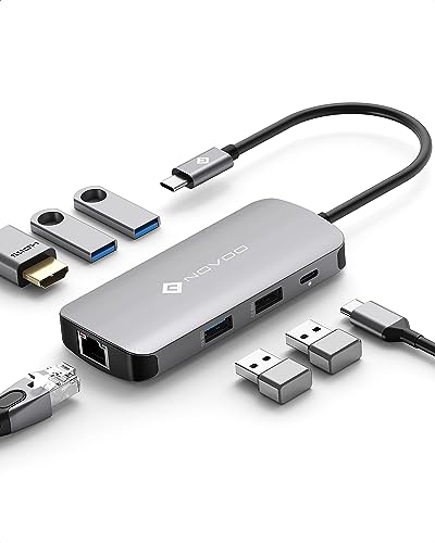 NOVOO USB-C-Hub, 7 in 1, Adapter USB C auf HDMI, 4 K, USB-C-Hub mit Ethernet, 4 x USB, 100 W PD Ladeanschluss, Mulitport Dock USB C Adapter kompatibel mit MacBook Pro MacBook Air von NOVOO