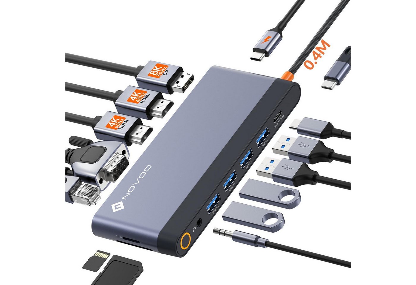 NOVOO USB-Adapter USB-A 3.1, USB-C, 3,5mm Klinke, HDMI, SD/TF, VGA, RJ45 Ethernet, DP, USB-C Hub mit schneller Datenübertragung und 5 USB-Anschlüssen von NOVOO