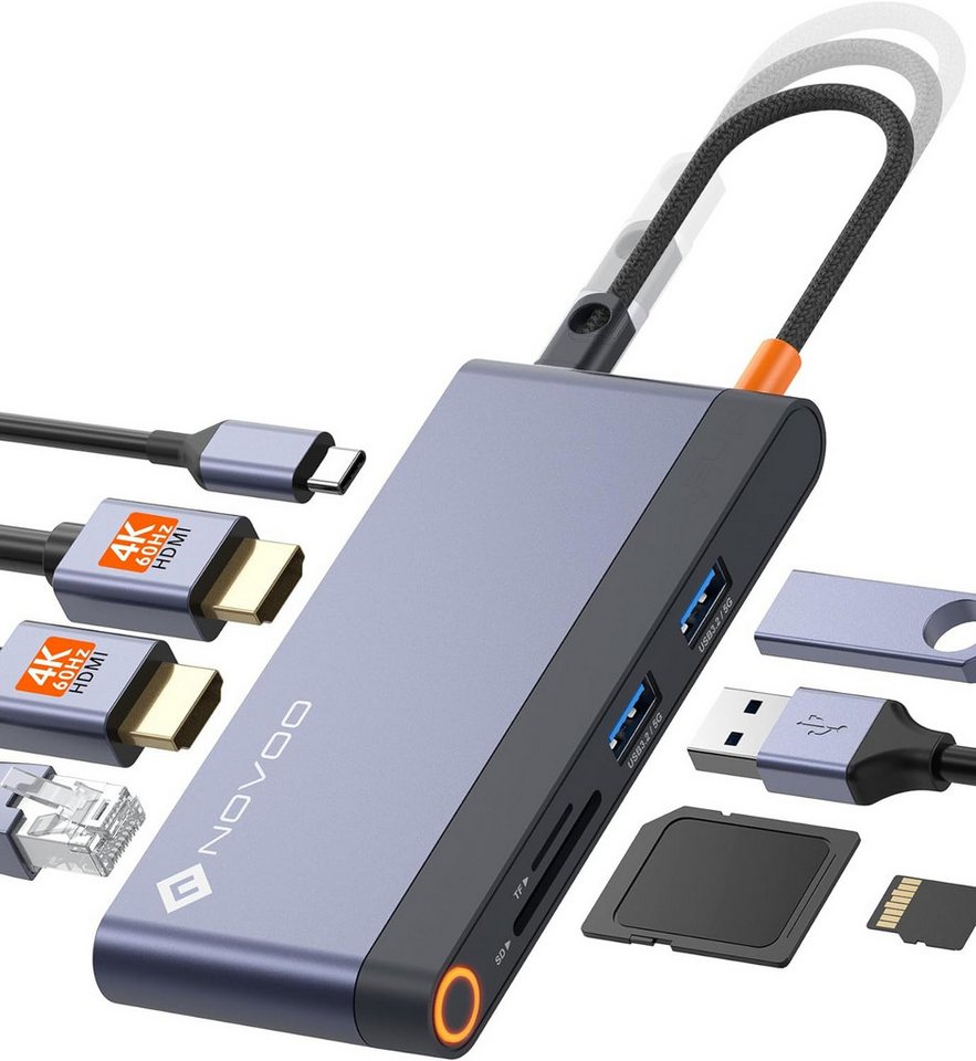 NOVOO USB-Adapter USB-C zu HDMI, TF Kartenleser, SD Kartenleser, Ethernet, USB-C, USB-A 3.2, MacBook Pro M2, Dell, HP, Lenovo und mehr Typ-C Geräten von NOVOO