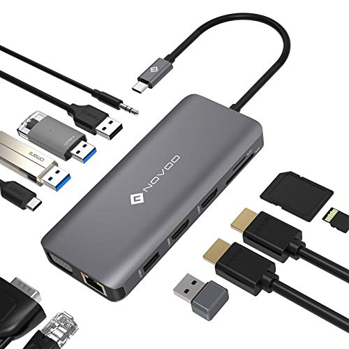 NOVOO USB C Docking Station, 12 in 1 USB C Hub Triple Display, Dual 4K HDMI, 4 USB-Ports, RJ 45 Gigabit Ethernet, SD/TF Kartenleser, VGA, 100 W PD, 3,5 mm Audio-Anschluss, für MacBook von NOVOO