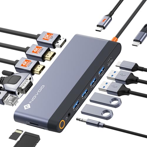 NOVOO USB C Docking Station 4 Monitore 14-in-1 USB C Hub mit 4K@120Hz DisplayPort,2HDMI 4K@60Hz,VGA,4USB-A+1USB-C Datenübertragung,PD 100W,Gigabit Ethernet,SD/TF,Audio/Mic für MacBook Dell(40cm Kabel) von NOVOO
