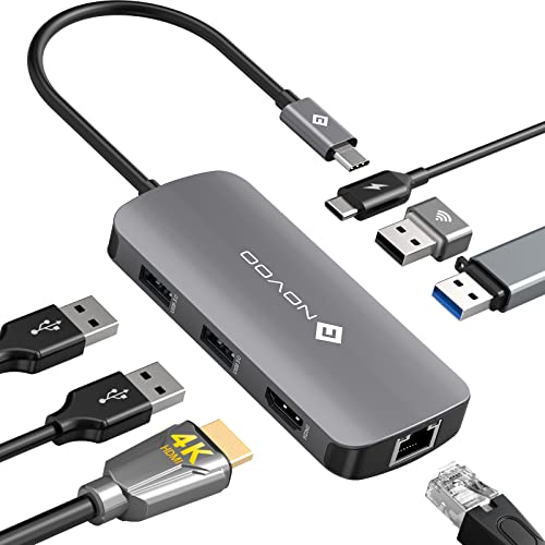 NOVOO USB C Hub, 7-in-1 Multiport-Adapter HDMI 4K Ethernet RJ45 4 USB-Ports, Typ C 100W PD Kompatibel mit MacBook Pro/Air und Anderen Typ-C Geräten von NOVOO