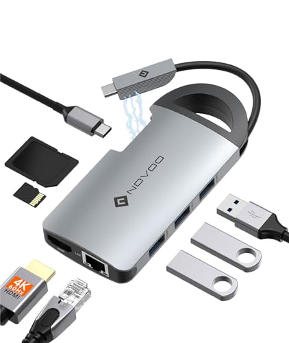 NOVOO USB C Hub 8-in-1 Adapter USB-C auf HDMI 4K@60Hz, PD 100W, 3X USB 3.0, Gigabit Ethernet, SD/TF Kartenleser, Docking Station für MacBook Air Pro Surface Dell HP von NOVOO