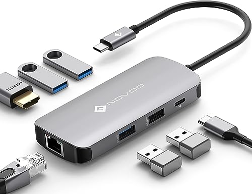 NOVOO USB C Hub Gigabit Ethernet USB C Adapter 7 in 1 MacBook Pro Air Adapter,4K HDMI,4xUSB,100W PD+Daten Hub USB C,für MacBook M1 M2,Surface Pro/Go,Pad Pro/Air,Dell,HP Laptop und mehr Typ C Geräten von NOVOO