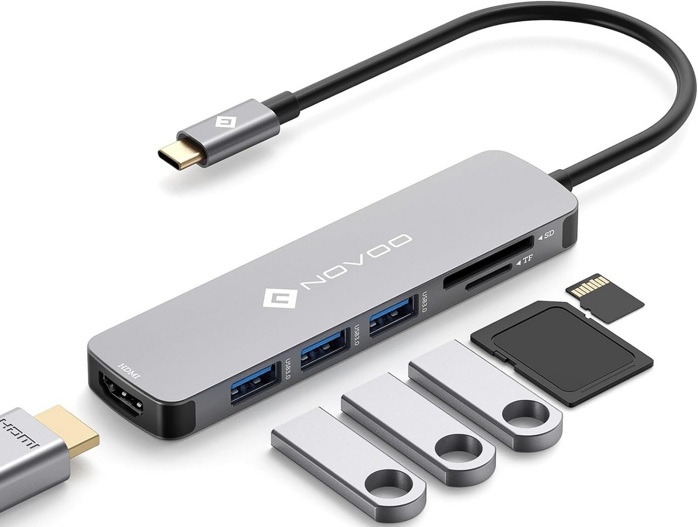 NOVOO USB-C Hub USB-Adapter USB-C zu USB-A 3.0, HDMI, SD/TF Kartenleser, kompakt, MacOS-Kompatibilität, hohe Qualität und Sicherheit von NOVOO