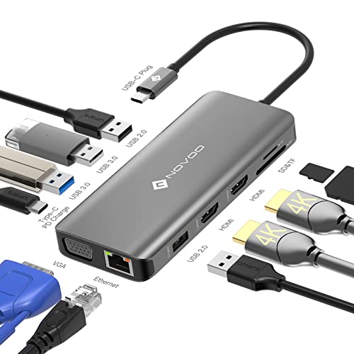NOVOO USB C Hub mit 2 HDMI-4K, Dockingstation mit 11 Ports Typ C für Laptop, RJ45 Gigabit Ethernet, 2 USB 3.0, 2 USB 2.0, VGA, Typ C 100 W PD, SD/TF-Karten für MacBook Pro von NOVOO