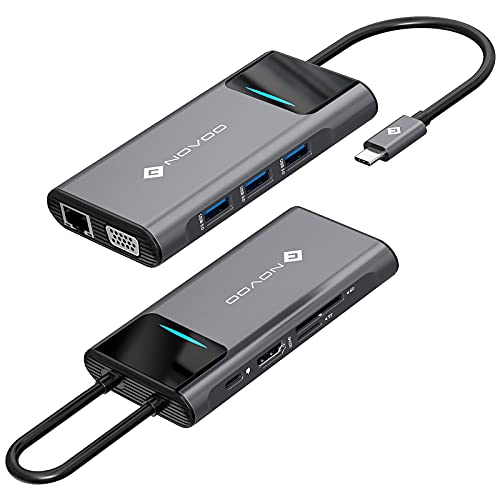 USB C Dockingstation, NOVOO 9 in 1 Zurück zu den Ergebnissen mit RJ45 Gigabit Ethernet, HDMI 4K, VGA, 100W PD, SD/TF Kartenleser, 3 USB 3.0, Splitter Hub Multi USB für Laptop von NOVOO