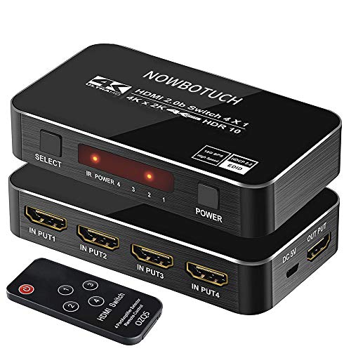 NOWBOTUCH 4x1 HDMI-Schalter Splitter 4 Anschlüsse 4Kx2K 60Hz 1080P, 3D HDMI 2.0 Switcher 4-in-1-out-HDMI-Wahlschalter mit drahtloser IR-Fernbedienung für PS3/PS4, Xbox 360/One, HDTV, Blu-Ray-Player von NOWBOTUCH