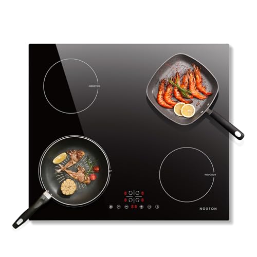 NOXTON Induktionsfeld 60 cm Einbau, Induktioskochfeld 4 Platten mit Booster, Touch Control, 9 Heizstufen, Timer, Kindersicherung, 220V-240V, 6400W, Kein Stecker,Nur einphasiger Anschluss von NOXTON