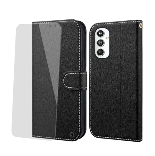 NP-Caser Handyhülle für Samsung Galaxy A55 5G Hülle [mit Panzer Schutz Glas], Premium Lederhülle mit Kartenfächern [Klappbar Flip case] [Standfunktion] Handy Schutzhülle für Galaxy A55,Schwarz von NP-Caser