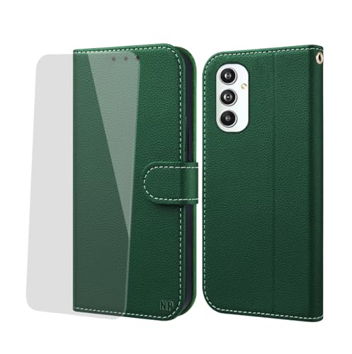 NP-Caser Handyhülle für Samsung Galaxy A55 5G Hülle [mit Panzer Schutz Glas], Premium Lederhülle mit Kartenfächern [Klappbar Flip case] [Standfunktion] Handy Schutzhülle für Galaxy A55,Grün von NP-Caser