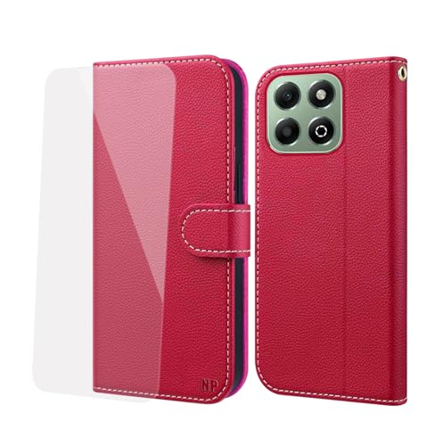 NP-Caser Handyhülle für Honor 200 Smart Hülle [mit Panzer Schutz Glas], Premium Lederhülle mit Kartenfächern [Klappbar Flip case] [Standfunktion] Handy Schutzhülle für Honor 200 Smart, Rot von NP-Caser