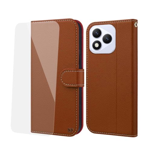 NP-Caser Handyhülle für Honor 400 Lite Hülle [mit Panzer Schutz Glas], Premium Lederhülle mit Kartenfächern [Klappbar Flip case] [Standfunktion] Handy Schutzhülle für Honor 400 Lite, Braun von NP-Caser