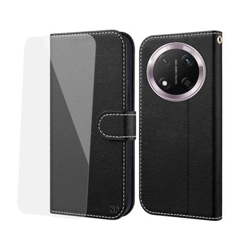 NP-Caser Handyhülle für Honor Magic 7 Lite Hülle [mit Panzer Schutz Glas], Premium Lederhülle mit Kartenfächern [Klappbar Flip case] [Standfunktion] Handy Schutzhülle für Honor Magic 7 Lite, Schwarz von NP-Caser