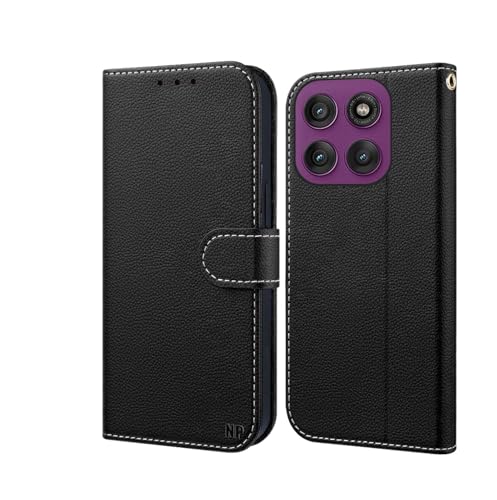 NP-Caser Handyhülle für Moto Motorola Edge 60 Pro Hülle [mit Panzer Schutz Glas], Premium Lederhülle mit Kartenfächern [Klappbar Flip case] [Standfunktion] Handy Schutzhülle für Edge 60 Pro, Schwarz von NP-Caser