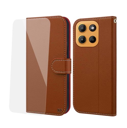 NP-Caser Handyhülle für Motorola Motorola G15 Hülle [mit Panzer Schutz Glas], Premium Lederhülle mit Kartenfächern [Klappbar Flip case] [Standfunktion] Handy Schutzhülle für Motorola G15, Braun von NP-Caser