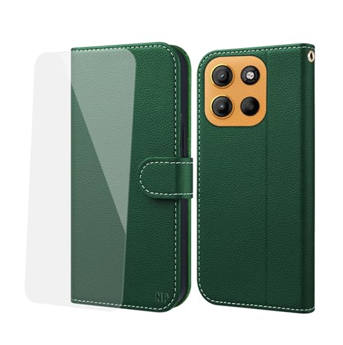 NP-Caser Handyhülle für Motorola Motorola G15 Hülle [mit Panzer Schutz Glas], Premium Lederhülle mit Kartenfächern [Klappbar Flip case] [Standfunktion] Handy Schutzhülle für Motorola G15, Grün von NP-Caser