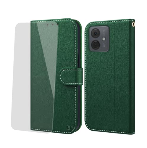 NP-Caser Handyhülle für Moto Motorola G55 Hülle [mit Panzer Schutz Glas], Premium Lederhülle mit Kartenfächern [Klappbar Flip case] [Standfunktion] Handy Schutzhülle für Moto Motorola G55, Grün von NP-Caser